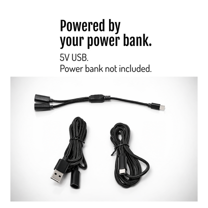 [en] CargoGLOW connection cables with USB plugs on a white background. Powered by a 5V USB power bank; the power bank is not included.